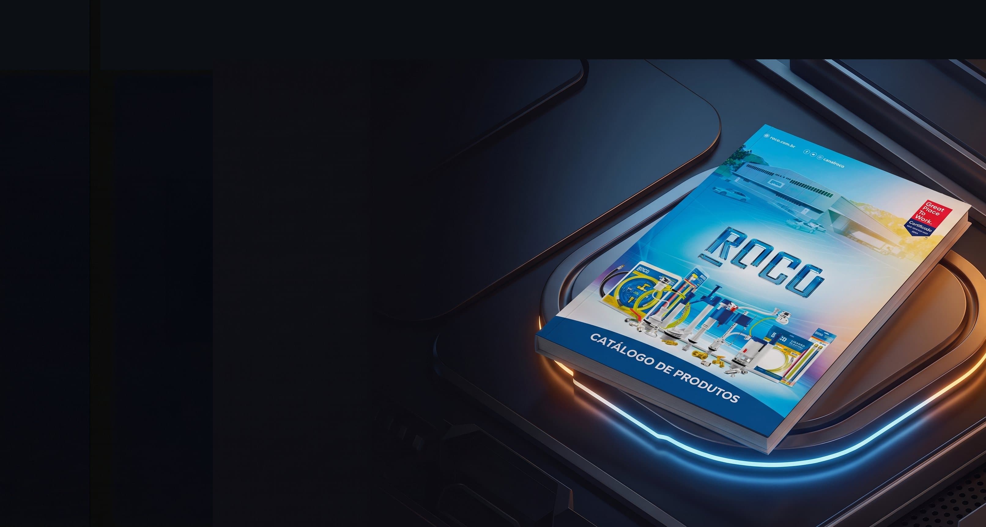Printed ROCO product catalog on a surface with neon lighting