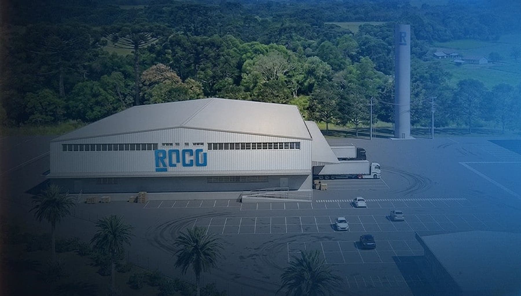 Aerial view of a ROCO facility, with the warehouse bearing the brand